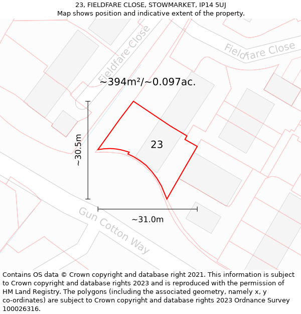 23, FIELDFARE CLOSE, STOWMARKET, IP14 5UJ: Plot and title map