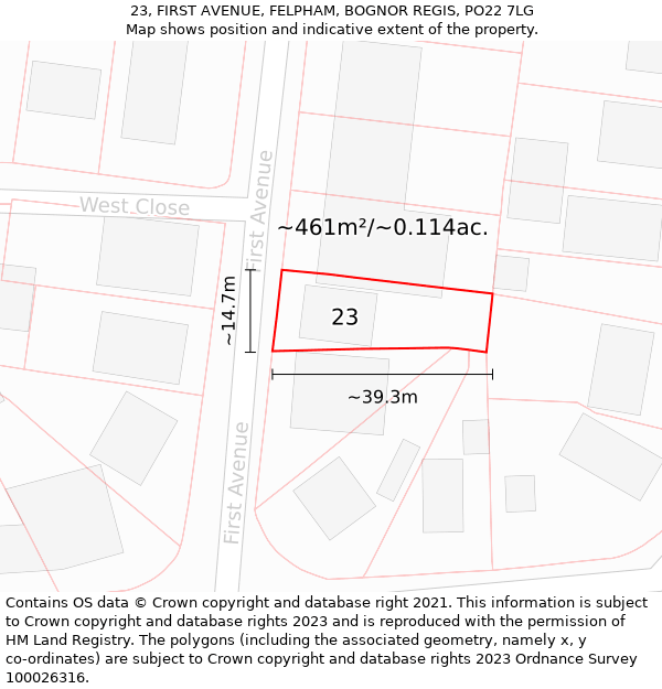 23, FIRST AVENUE, FELPHAM, BOGNOR REGIS, PO22 7LG: Plot and title map