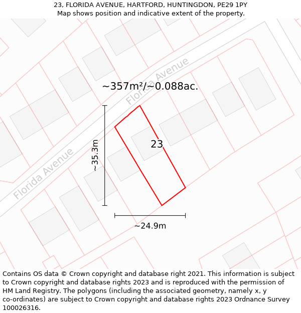 23, FLORIDA AVENUE, HARTFORD, HUNTINGDON, PE29 1PY: Plot and title map