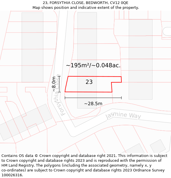 23, FORSYTHIA CLOSE, BEDWORTH, CV12 0QE: Plot and title map