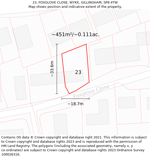 23, FOXGLOVE CLOSE, WYKE, GILLINGHAM, SP8 4TW: Plot and title map