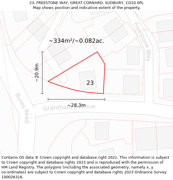 23, FREESTONE WAY, GREAT CORNARD, SUDBURY, CO10 0PL: Plot and title map