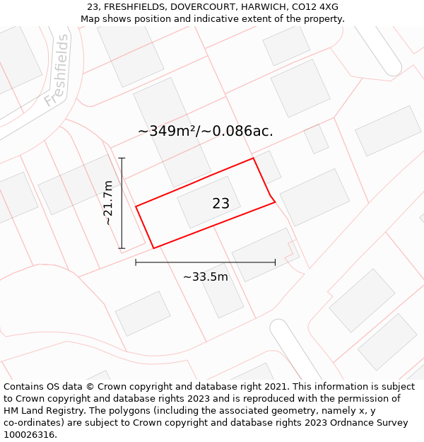 23, FRESHFIELDS, DOVERCOURT, HARWICH, CO12 4XG: Plot and title map