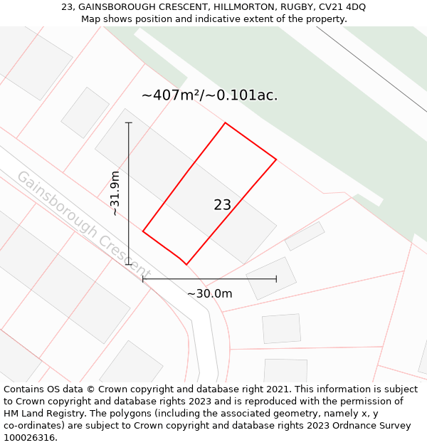 23, GAINSBOROUGH CRESCENT, HILLMORTON, RUGBY, CV21 4DQ: Plot and title map