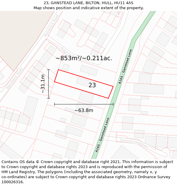 23, GANSTEAD LANE, BILTON, HULL, HU11 4AS: Plot and title map