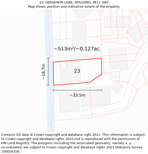 23, GERSHWIN LANE, SPALDING, PE11 3WF: Plot and title map
