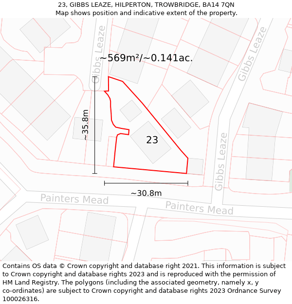 23, GIBBS LEAZE, HILPERTON, TROWBRIDGE, BA14 7QN: Plot and title map