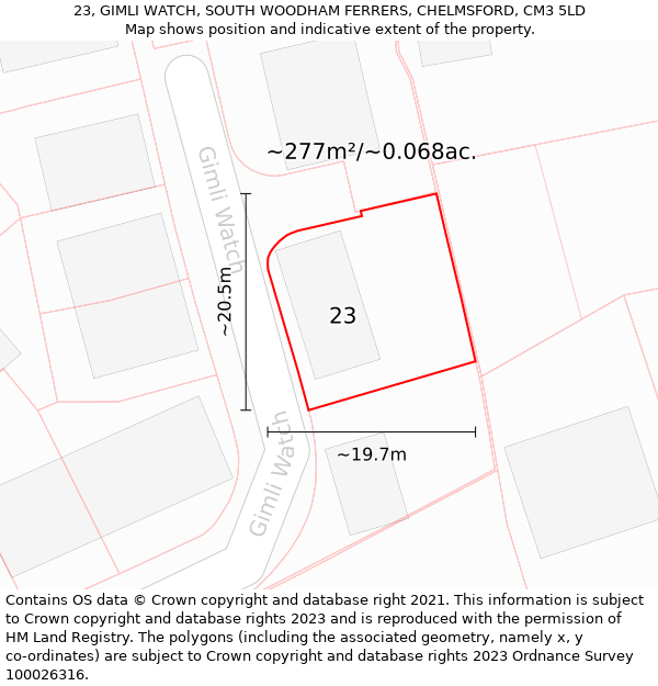 23, GIMLI WATCH, SOUTH WOODHAM FERRERS, CHELMSFORD, CM3 5LD: Plot and title map