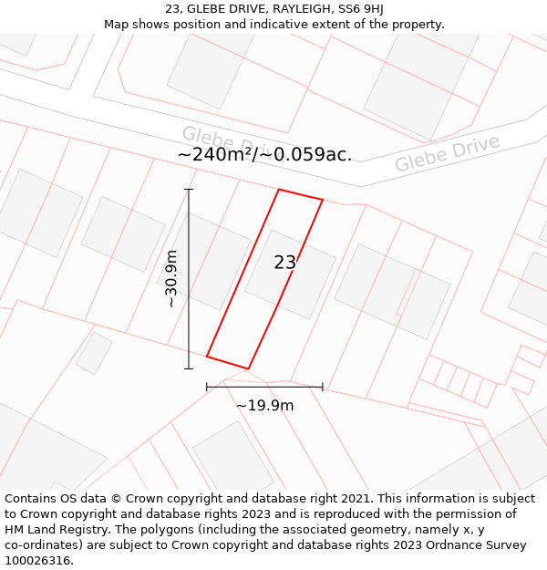 23, GLEBE DRIVE, RAYLEIGH, SS6 9HJ: Plot and title map