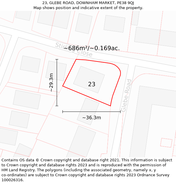 23, GLEBE ROAD, DOWNHAM MARKET, PE38 9QJ: Plot and title map