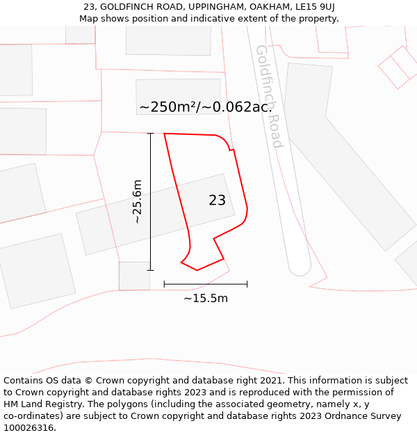 23, GOLDFINCH ROAD, UPPINGHAM, OAKHAM, LE15 9UJ: Plot and title map