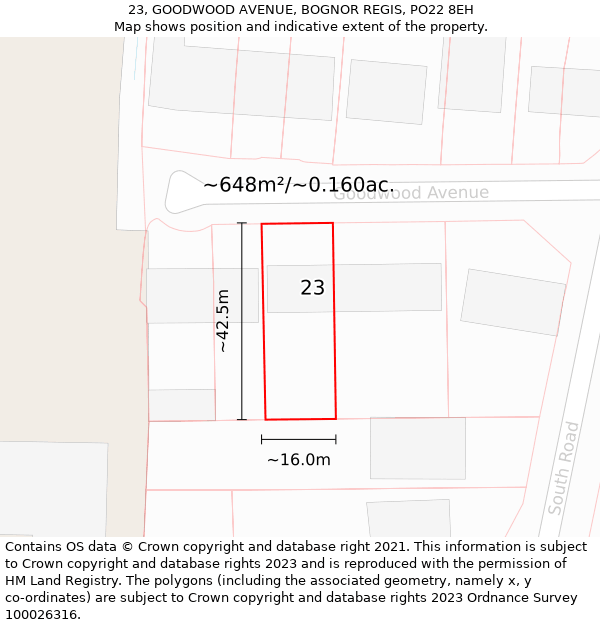 23, GOODWOOD AVENUE, BOGNOR REGIS, PO22 8EH: Plot and title map