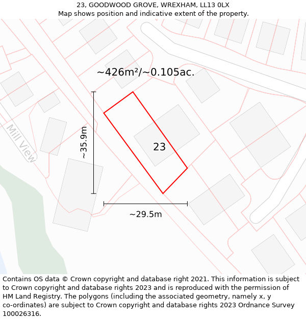 23, GOODWOOD GROVE, WREXHAM, LL13 0LX: Plot and title map