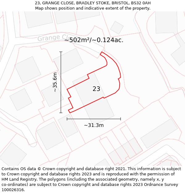 23, GRANGE CLOSE, BRADLEY STOKE, BRISTOL, BS32 0AH: Plot and title map