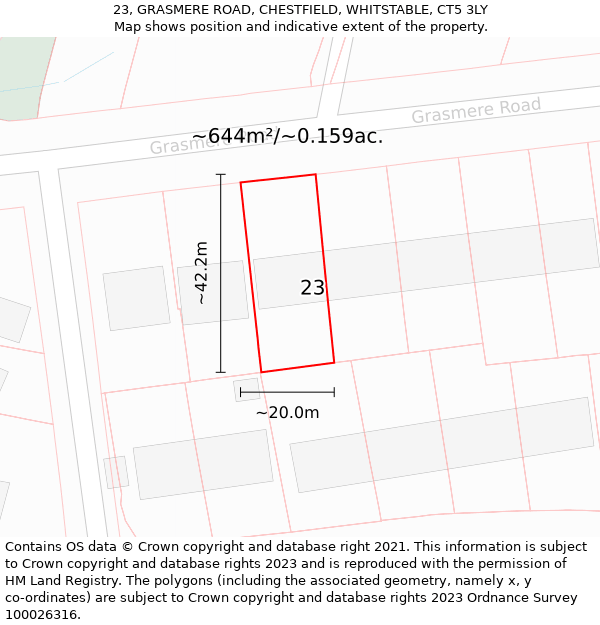 23, GRASMERE ROAD, CHESTFIELD, WHITSTABLE, CT5 3LY: Plot and title map