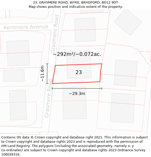 23, GRASMERE ROAD, WYKE, BRADFORD, BD12 9DT: Plot and title map