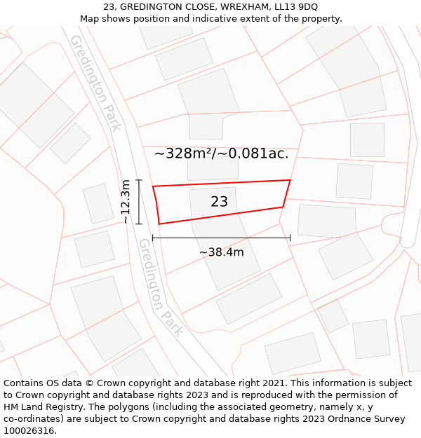 23, GREDINGTON CLOSE, WREXHAM, LL13 9DQ: Plot and title map