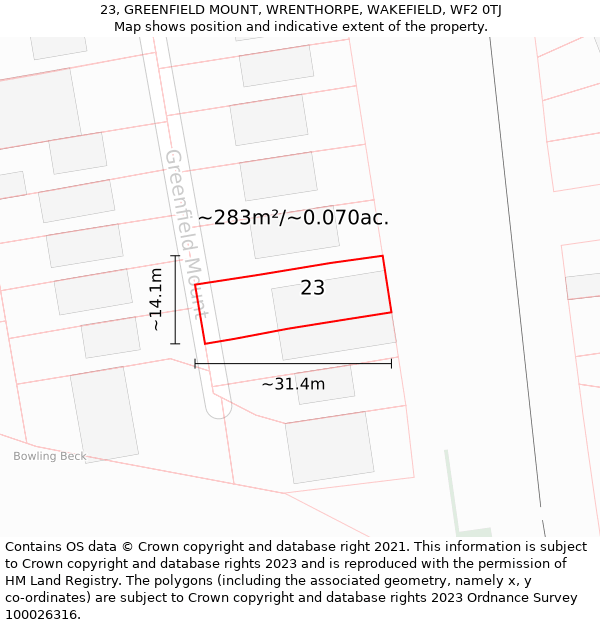 23, GREENFIELD MOUNT, WRENTHORPE, WAKEFIELD, WF2 0TJ: Plot and title map