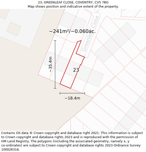 23, GREENLEAF CLOSE, COVENTRY, CV5 7BG: Plot and title map