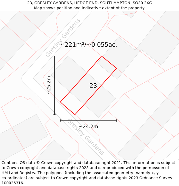 23, GRESLEY GARDENS, HEDGE END, SOUTHAMPTON, SO30 2XG: Plot and title map