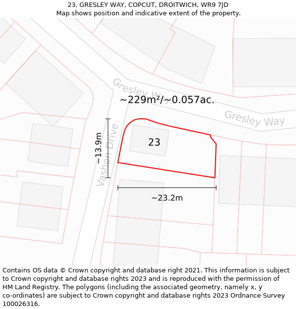 23, GRESLEY WAY, COPCUT, DROITWICH, WR9 7JD: Plot and title map