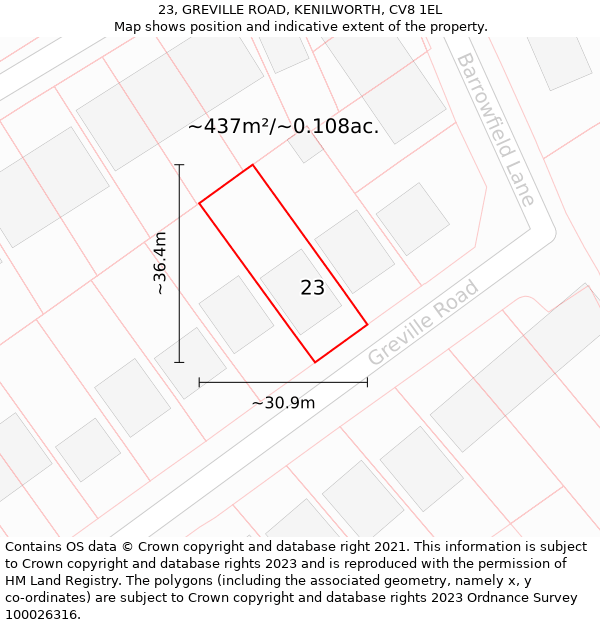 23, GREVILLE ROAD, KENILWORTH, CV8 1EL: Plot and title map