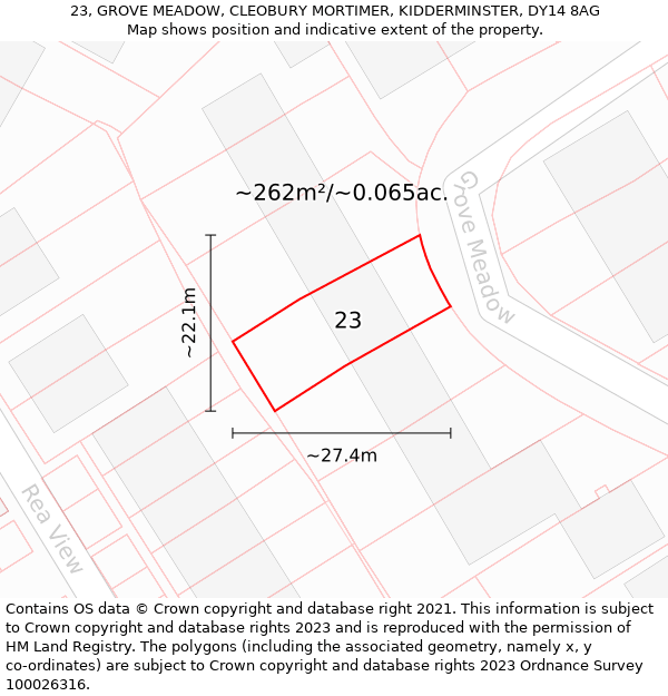 23, GROVE MEADOW, CLEOBURY MORTIMER, KIDDERMINSTER, DY14 8AG: Plot and title map