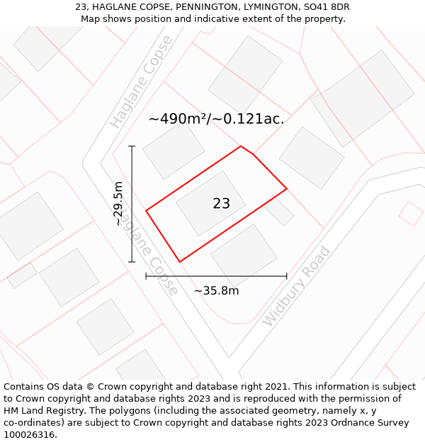 23, HAGLANE COPSE, PENNINGTON, LYMINGTON, SO41 8DR: Plot and title map