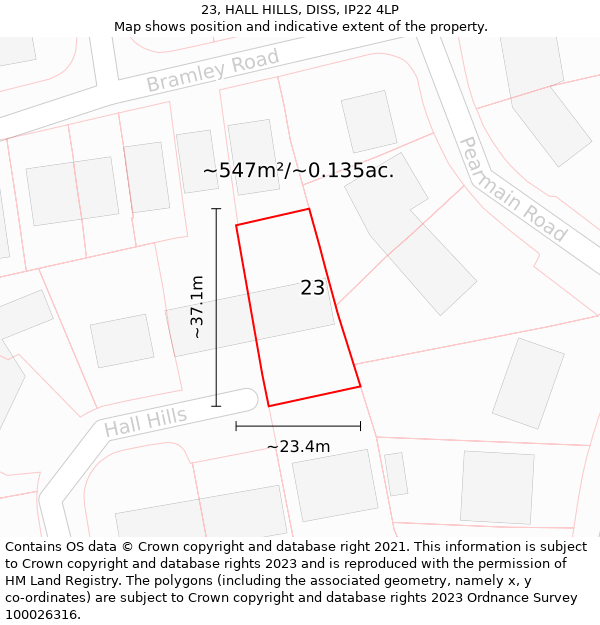 23, HALL HILLS, DISS, IP22 4LP: Plot and title map