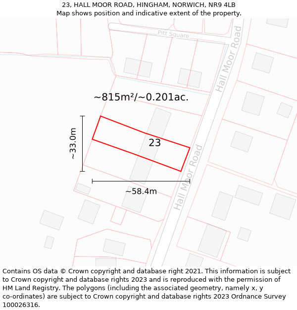 23, HALL MOOR ROAD, HINGHAM, NORWICH, NR9 4LB: Plot and title map