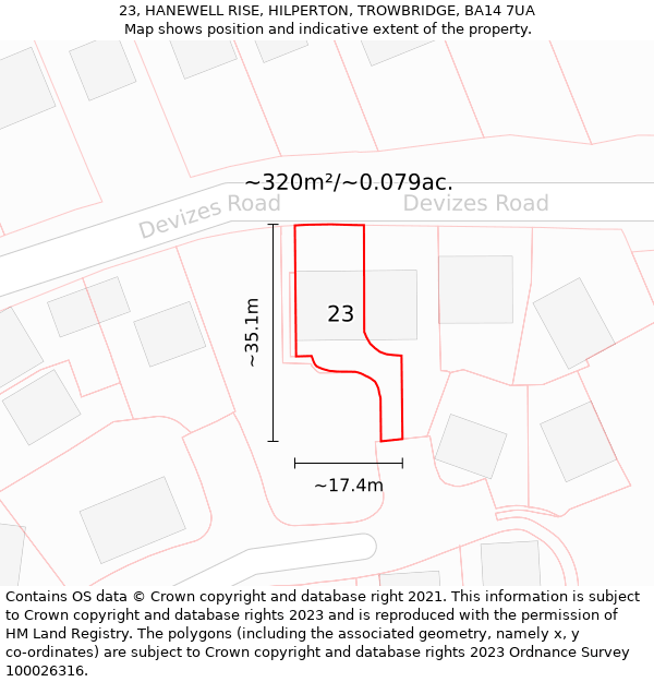 23, HANEWELL RISE, HILPERTON, TROWBRIDGE, BA14 7UA: Plot and title map