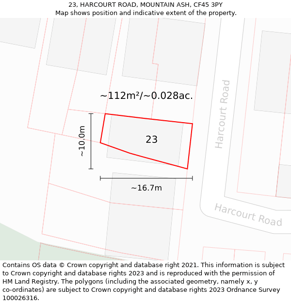 23, HARCOURT ROAD, MOUNTAIN ASH, CF45 3PY: Plot and title map