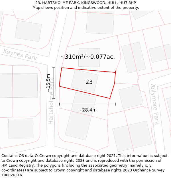 23, HARTSHOLME PARK, KINGSWOOD, HULL, HU7 3HP: Plot and title map