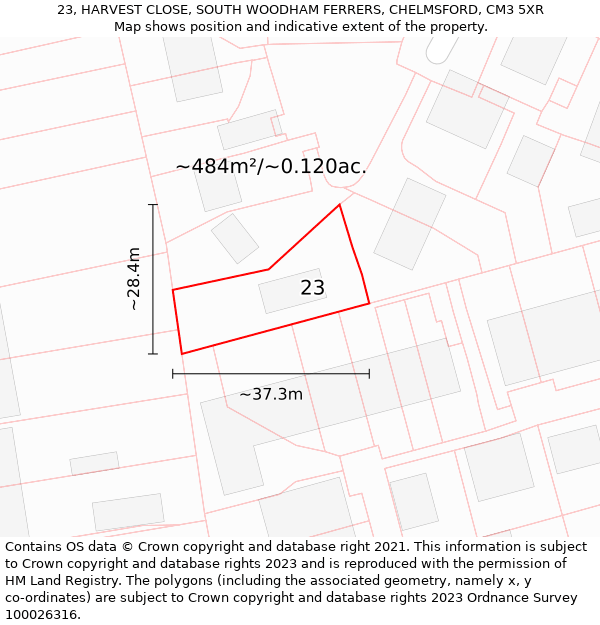 23, HARVEST CLOSE, SOUTH WOODHAM FERRERS, CHELMSFORD, CM3 5XR: Plot and title map