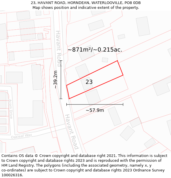 23, HAVANT ROAD, HORNDEAN, WATERLOOVILLE, PO8 0DB: Plot and title map