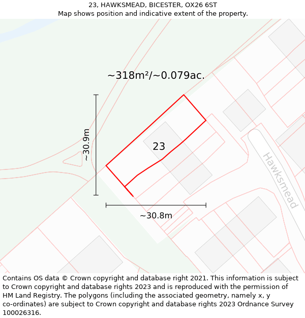 23, HAWKSMEAD, BICESTER, OX26 6ST: Plot and title map