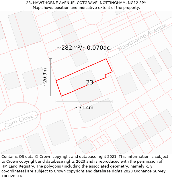 23, HAWTHORNE AVENUE, COTGRAVE, NOTTINGHAM, NG12 3PY: Plot and title map