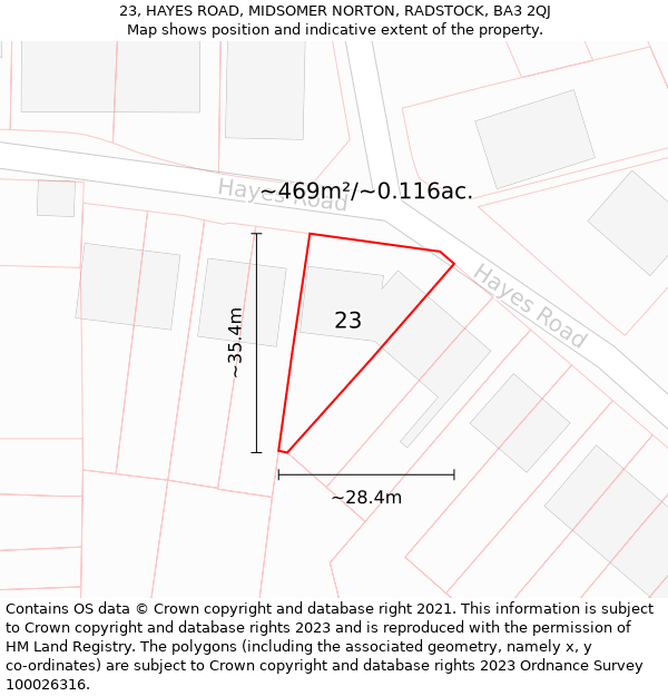 23, HAYES ROAD, MIDSOMER NORTON, RADSTOCK, BA3 2QJ: Plot and title map