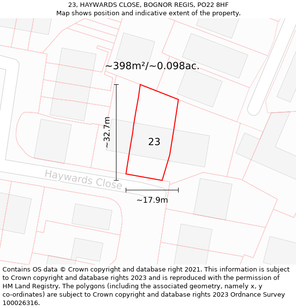 23, HAYWARDS CLOSE, BOGNOR REGIS, PO22 8HF: Plot and title map