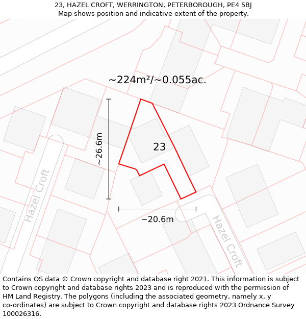 23, HAZEL CROFT, WERRINGTON, PETERBOROUGH, PE4 5BJ: Plot and title map