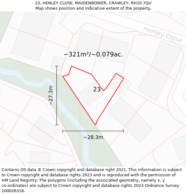 23, HENLEY CLOSE, MAIDENBOWER, CRAWLEY, RH10 7QU: Plot and title map