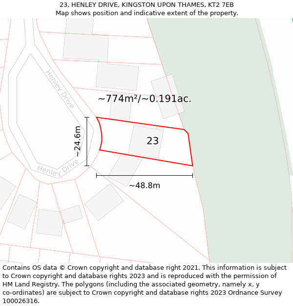 23, HENLEY DRIVE, KINGSTON UPON THAMES, KT2 7EB: Plot and title map