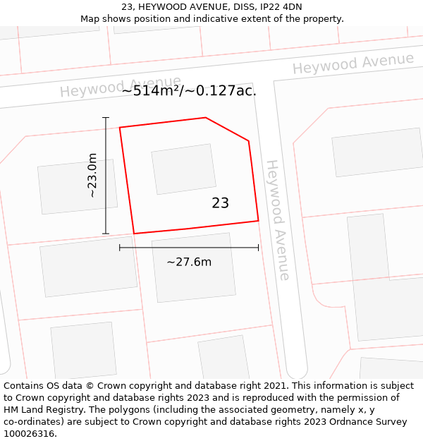 23, HEYWOOD AVENUE, DISS, IP22 4DN: Plot and title map