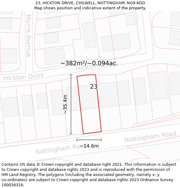 23, HICKTON DRIVE, CHILWELL, NOTTINGHAM, NG9 6DD: Plot and title map