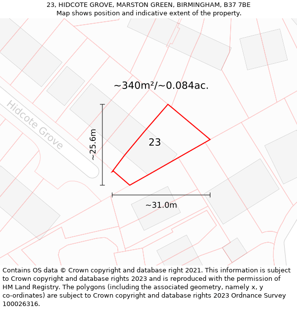 23, HIDCOTE GROVE, MARSTON GREEN, BIRMINGHAM, B37 7BE: Plot and title map