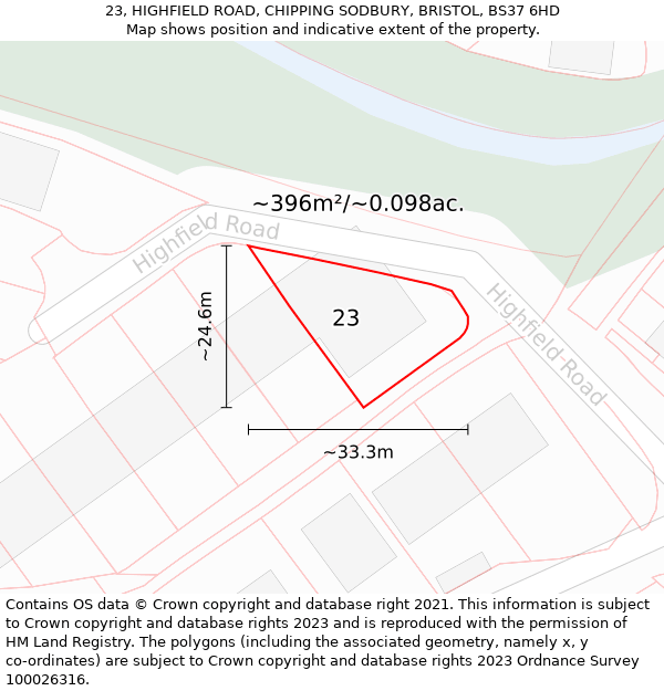 23, HIGHFIELD ROAD, CHIPPING SODBURY, BRISTOL, BS37 6HD: Plot and title map