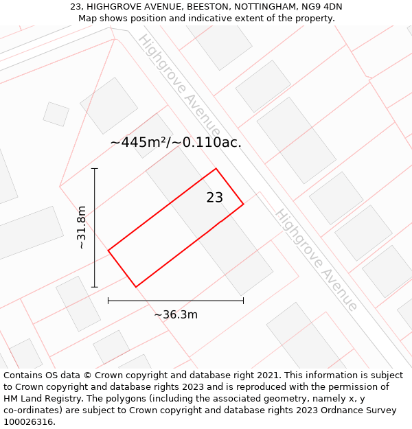 23, HIGHGROVE AVENUE, BEESTON, NOTTINGHAM, NG9 4DN: Plot and title map