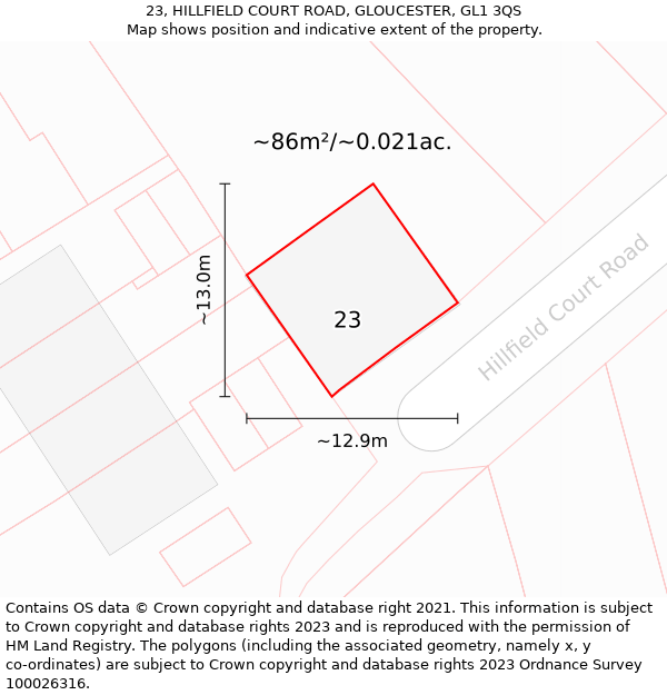 23, HILLFIELD COURT ROAD, GLOUCESTER, GL1 3QS: Plot and title map