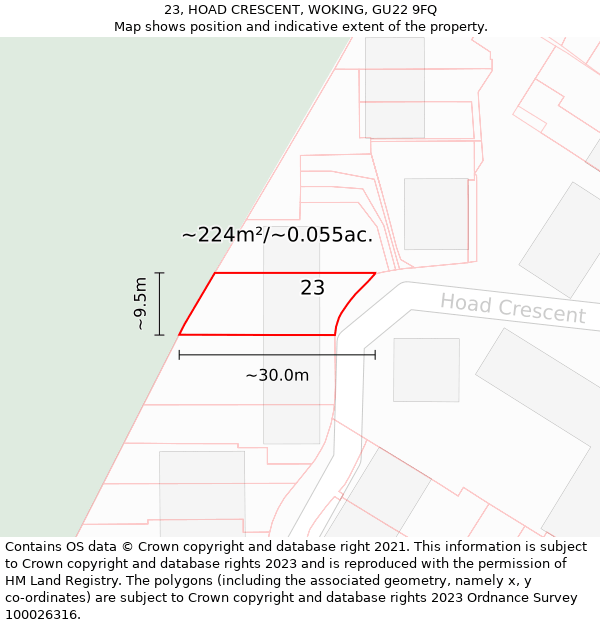 23, HOAD CRESCENT, WOKING, GU22 9FQ: Plot and title map