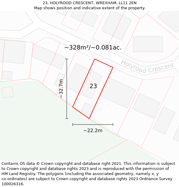 23, HOLYROOD CRESCENT, WREXHAM, LL11 2EN: Plot and title map